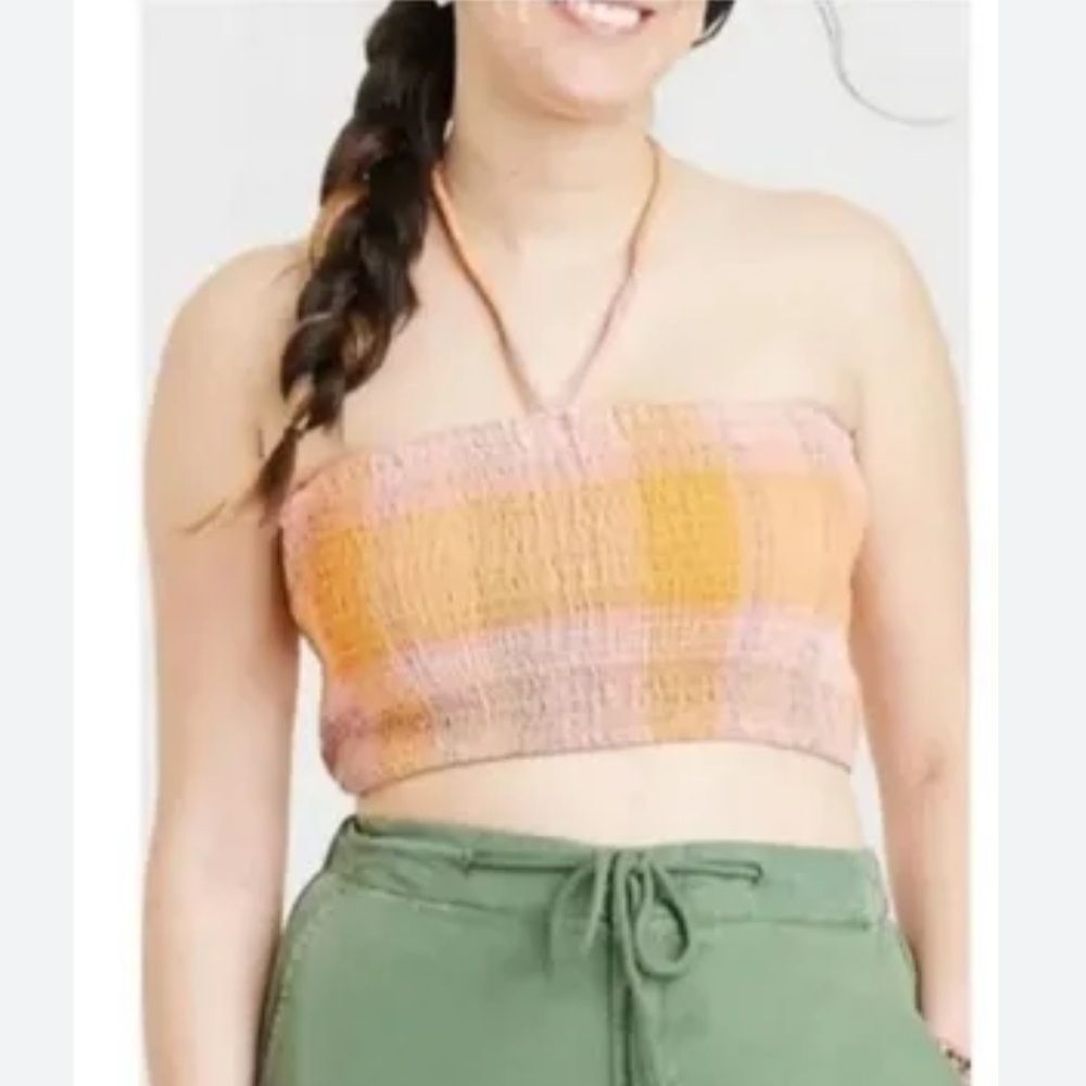 Universal Thread Smocked Pastel Plaid Tube Top with Ties XL